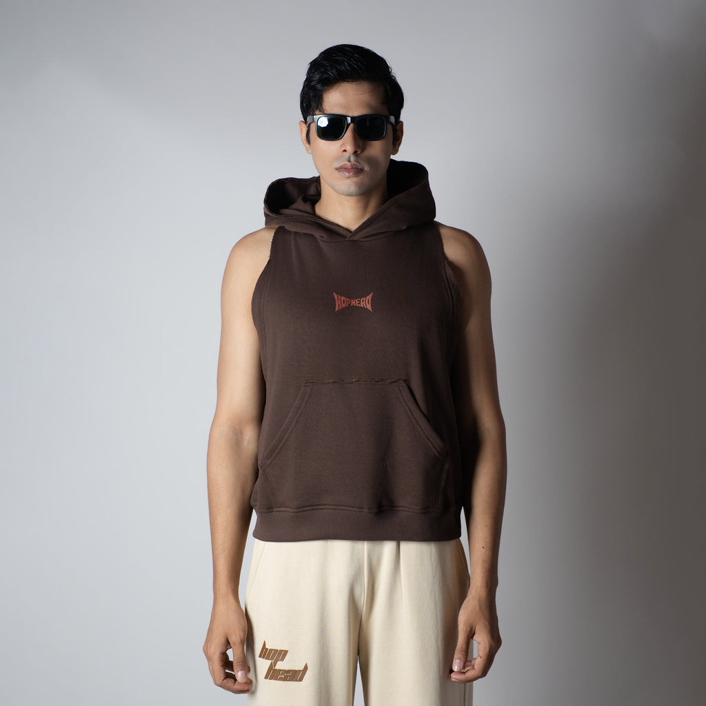 BROWN RAW EDGE SLEEVELESS HOODIE - Hophead