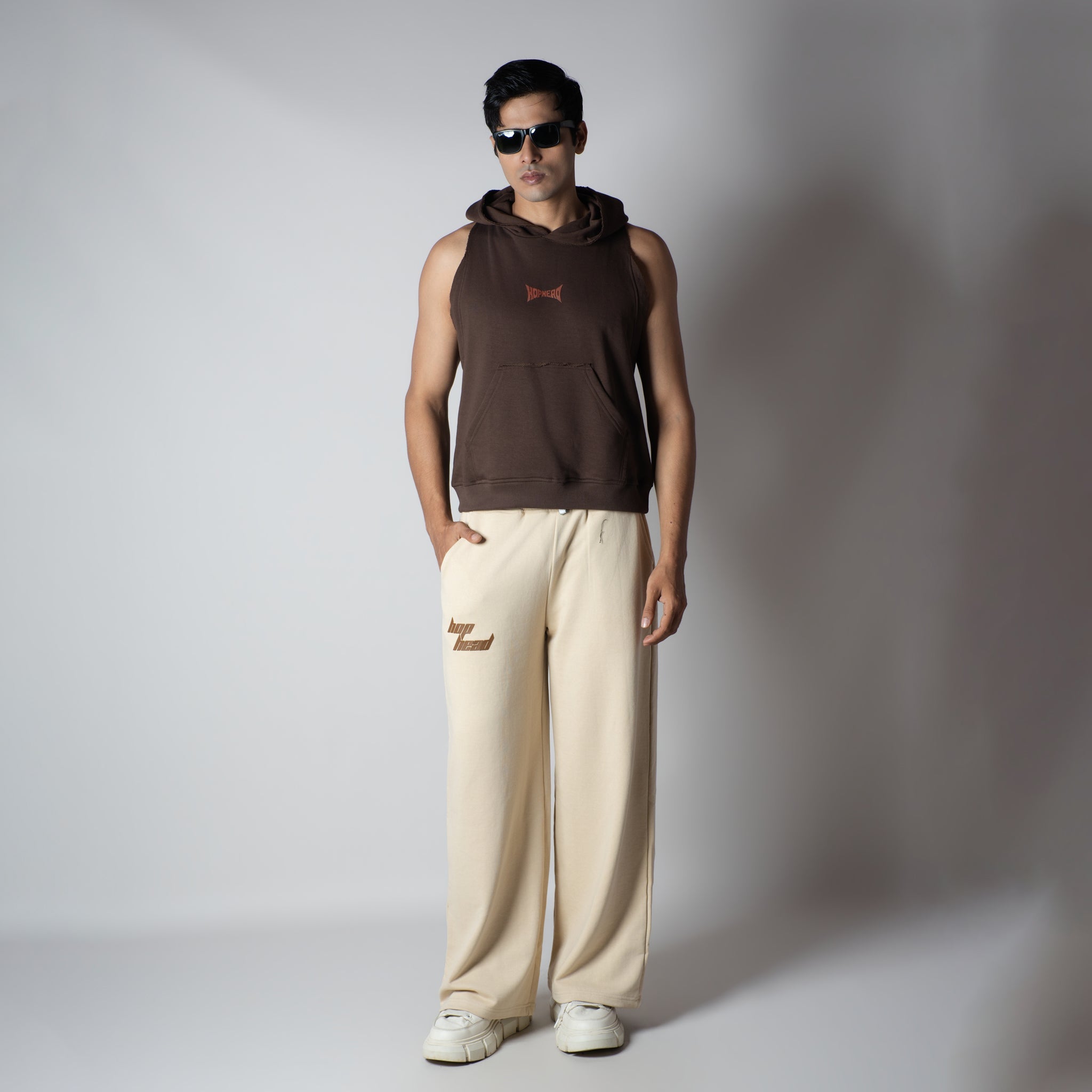 BROWN RAW EDGE SLEEVELESS HOODIE - Hophead