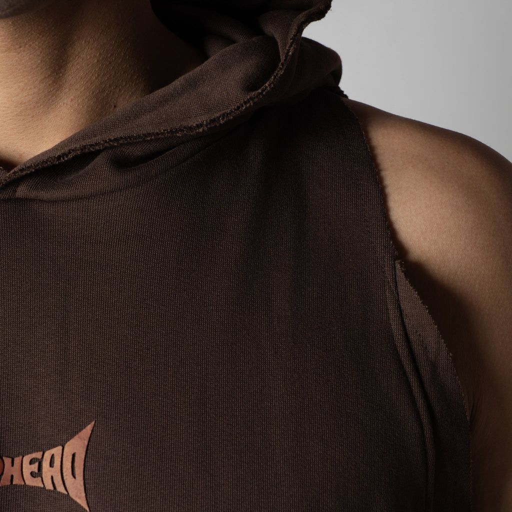 BROWN RAW EDGE SLEEVELESS HOODIE - Hophead