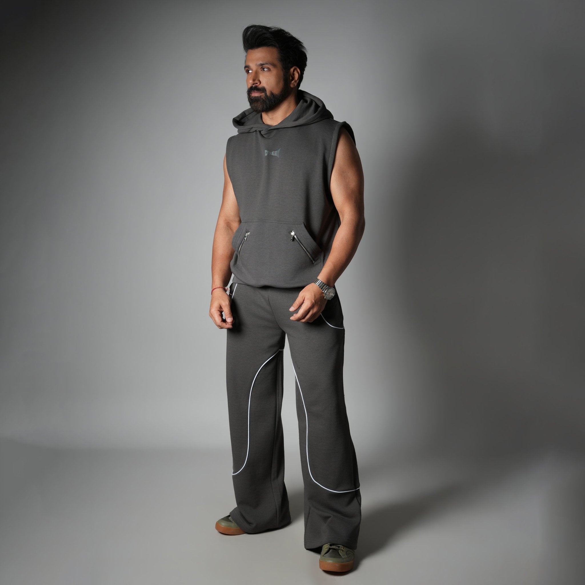 CHARCOAL AXIS SLEEVELESS HOODIE - Hophead