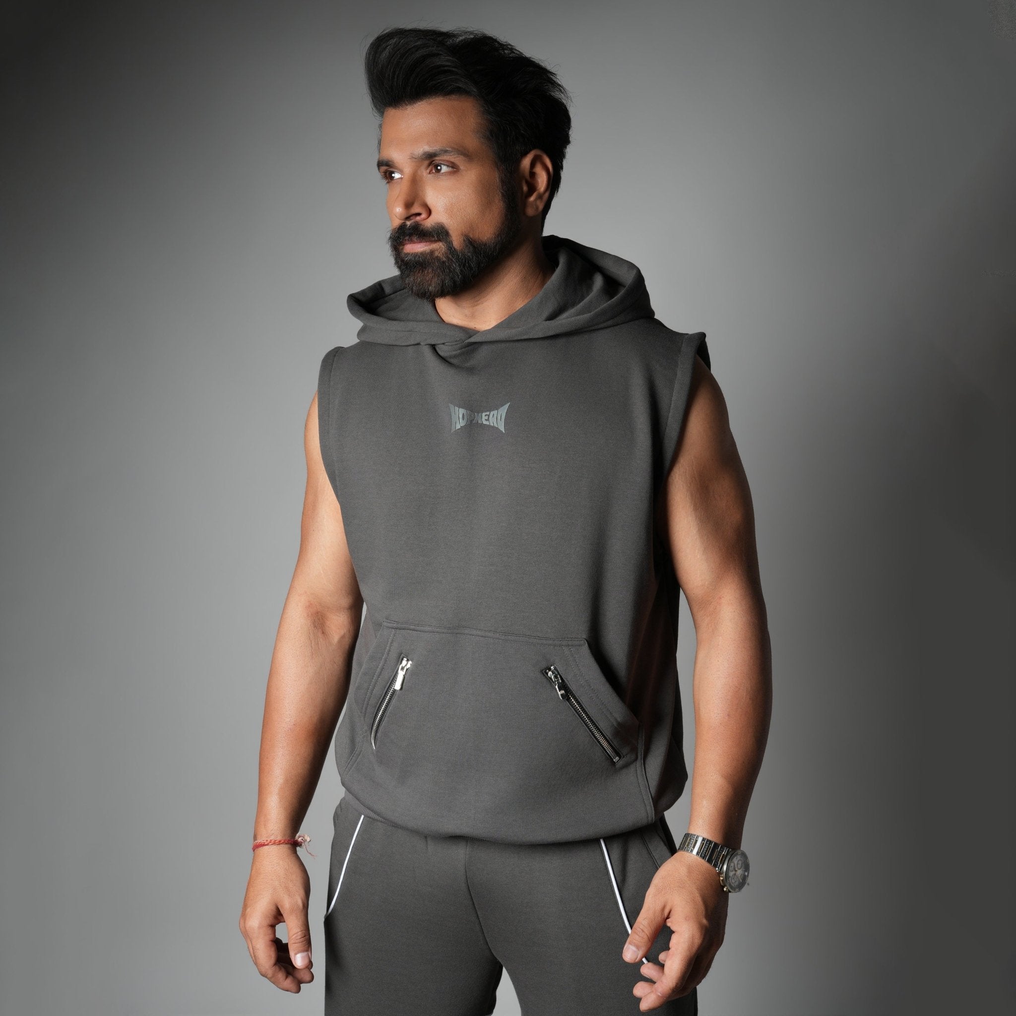 CHARCOAL AXIS SLEEVELESS HOODIE - Hophead