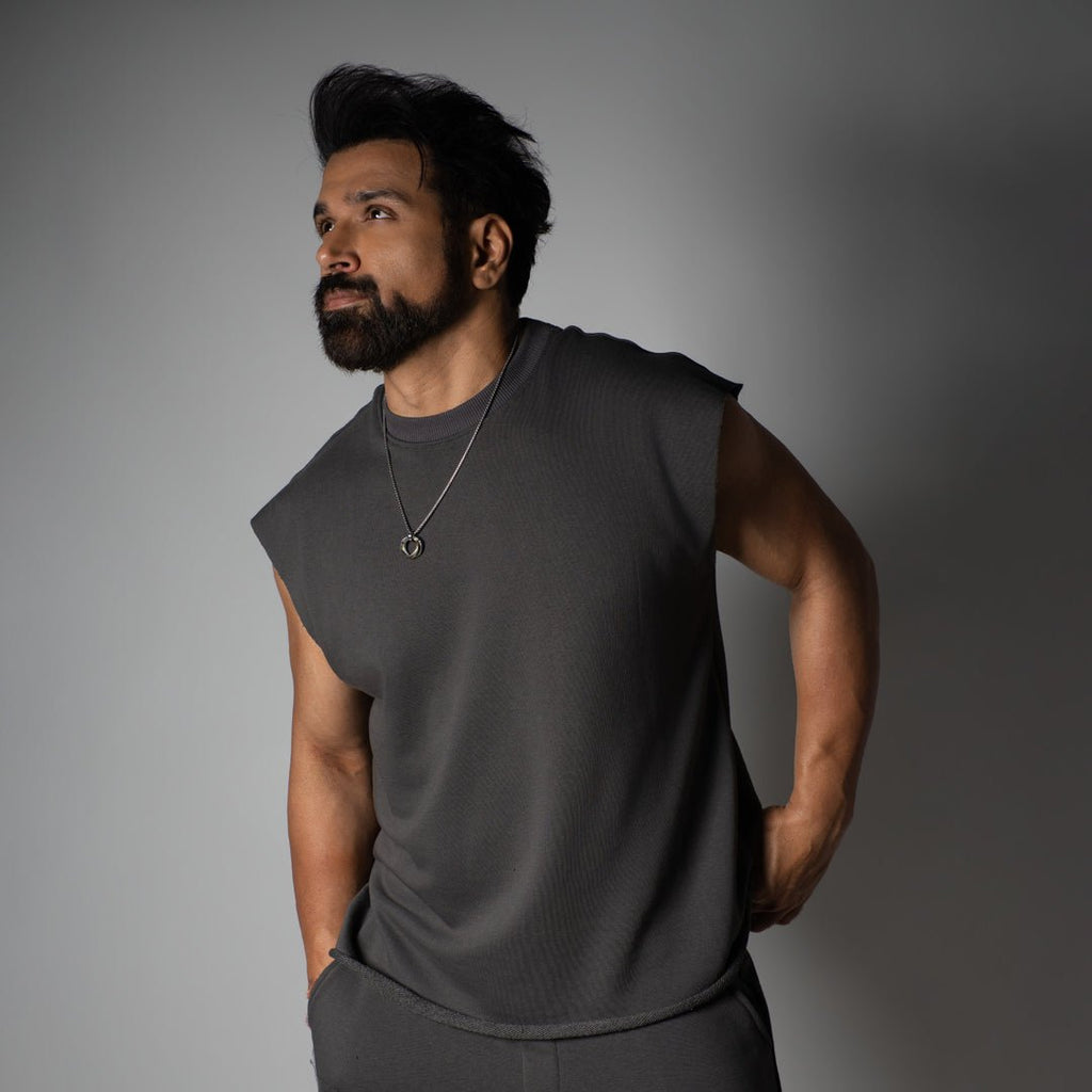 CHARCOAL SLEEVELESS RAW EDGE TSHIRT - Hophead