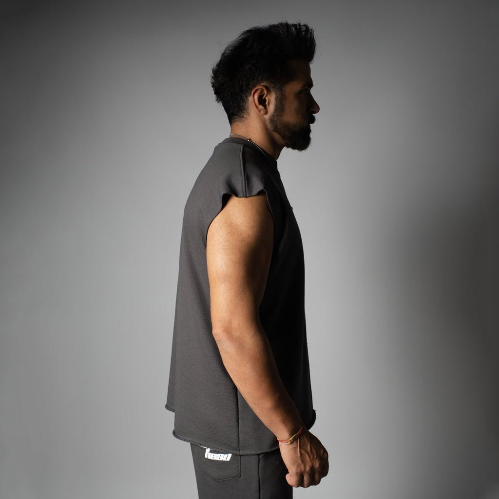 CHARCOAL SLEEVELESS RAW EDGE TSHIRT - Hophead