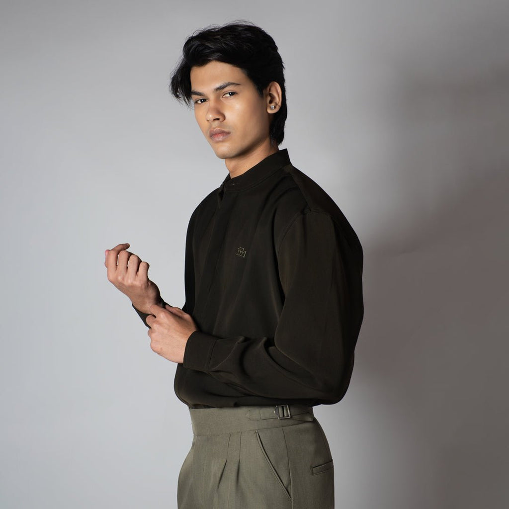 EARTHY OLIVE CHINESE COLLAR SHIRT - Hophead