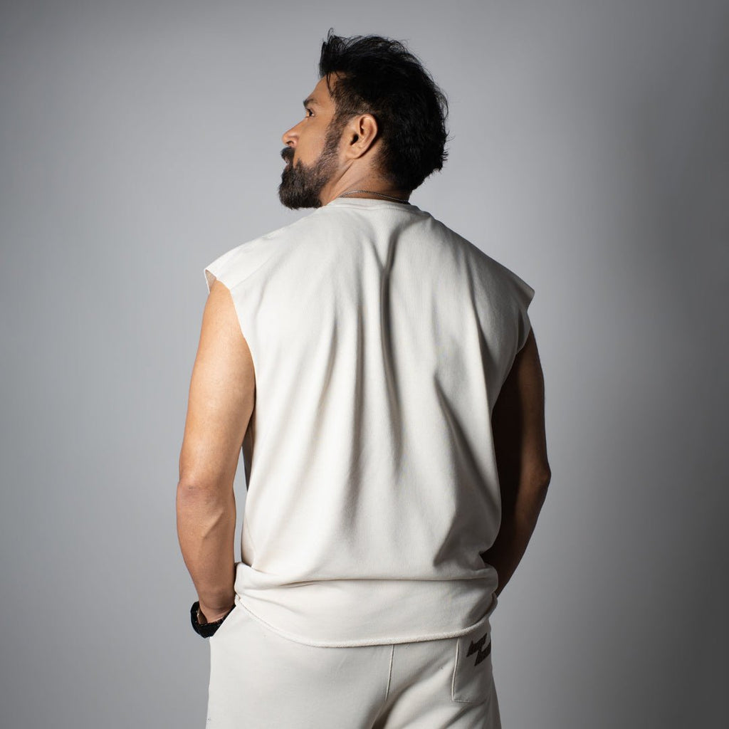 IVORY SLEEVELESS RAW EDGE TSHIRT - Hophead