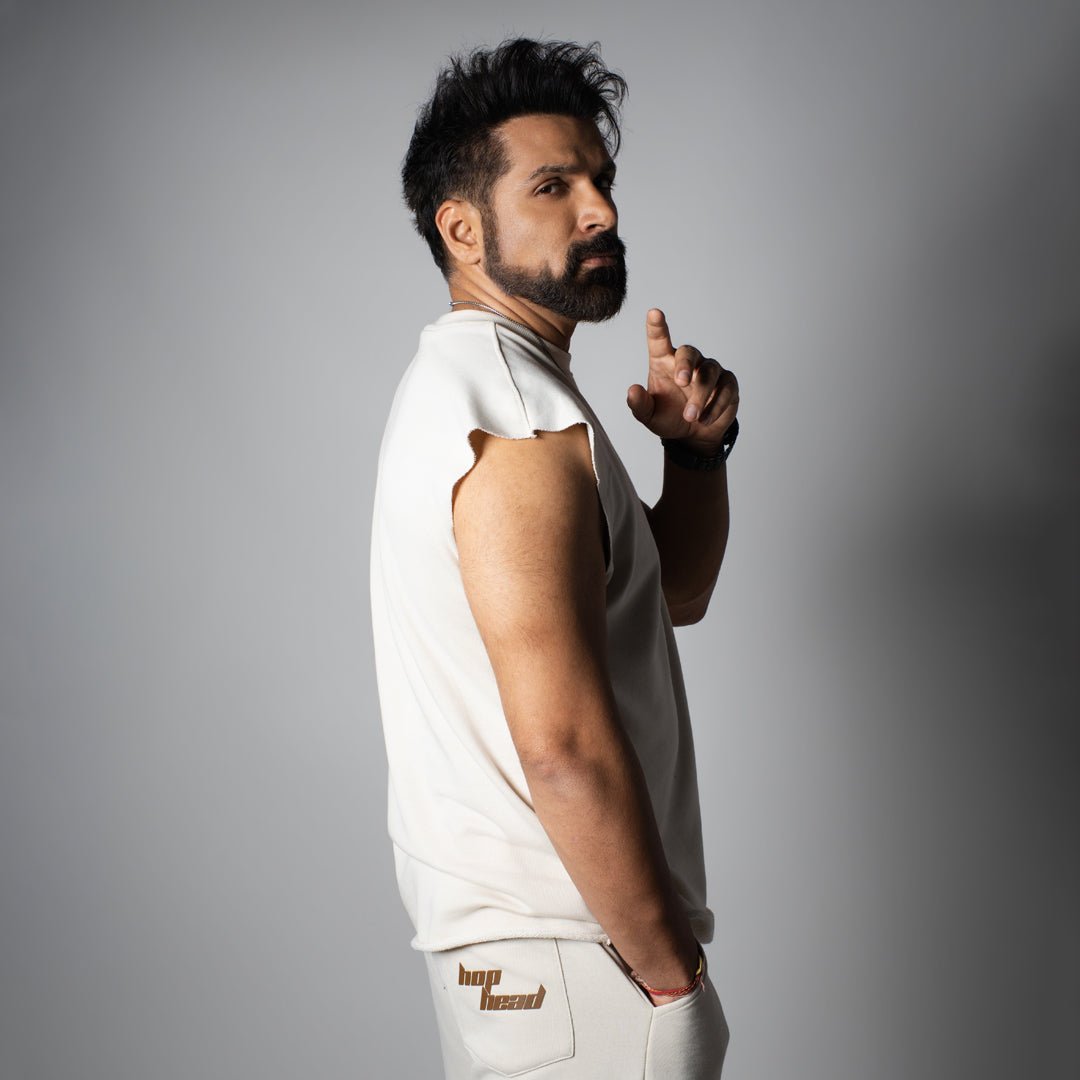 IVORY SLEEVELESS RAW EDGE TSHIRT - Hophead
