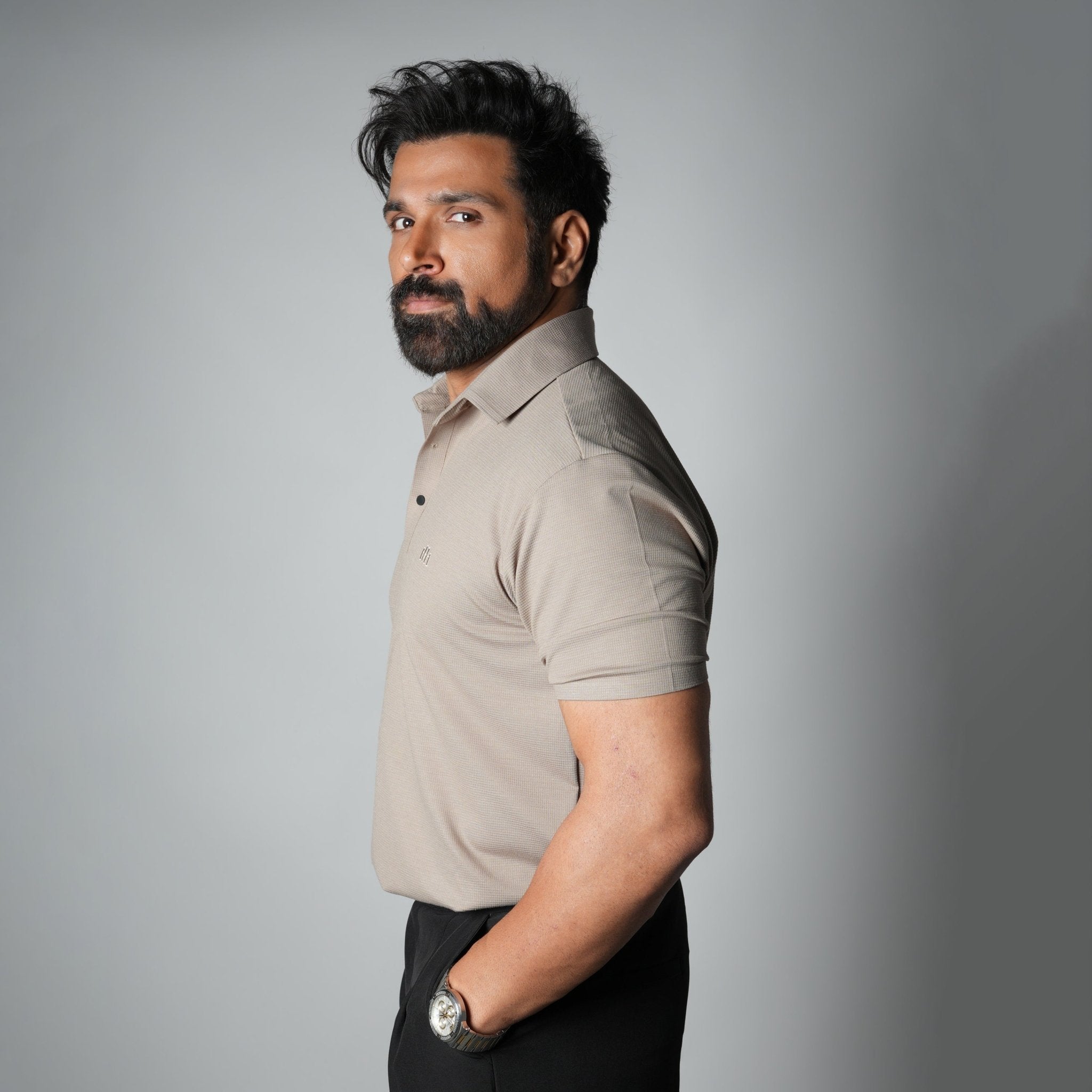 LIGHT TAUPE SEAMLESS TEXTURED POLO - Hophead