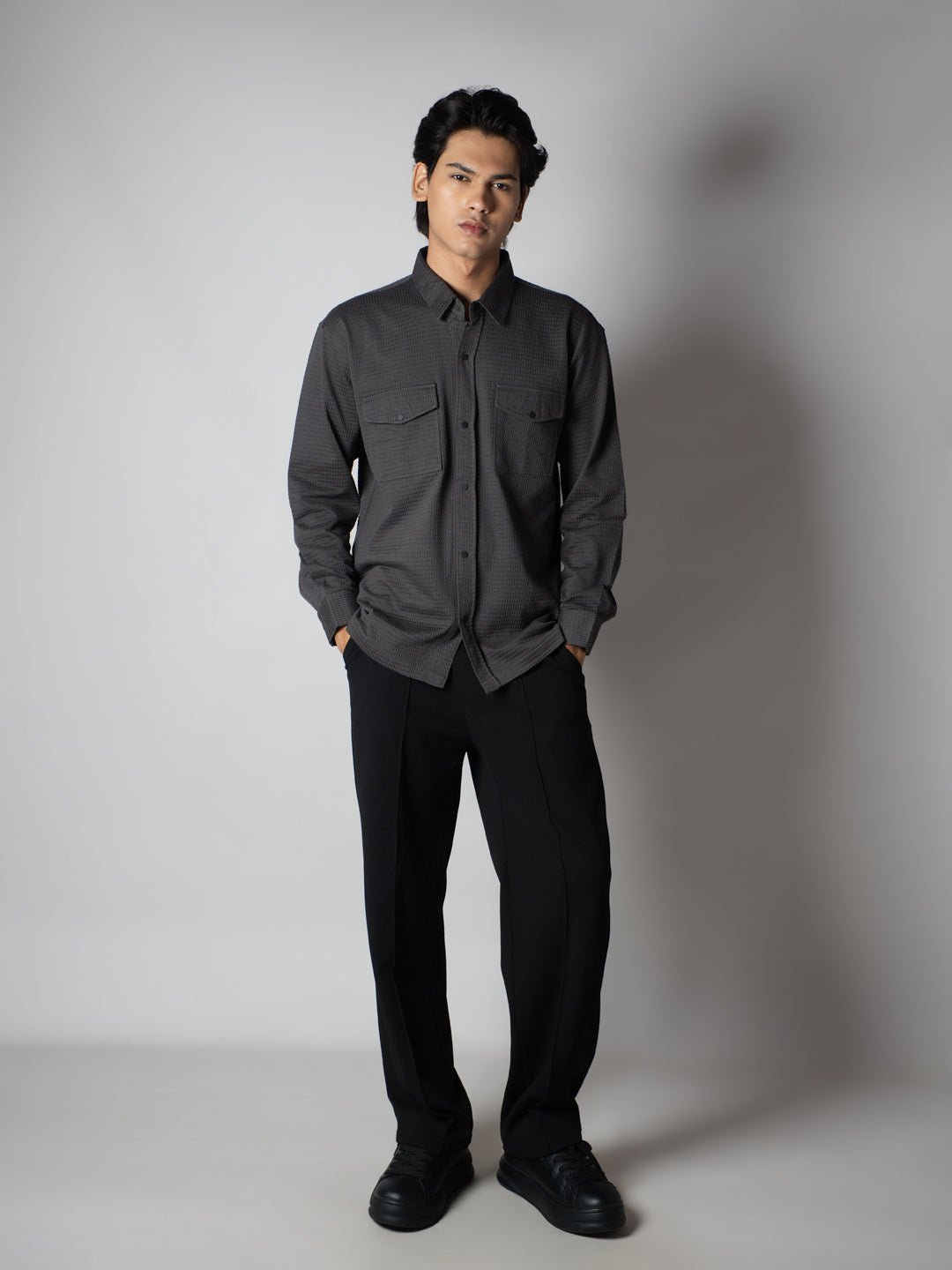 MEN'S GREY WAFFLE LONG SLEEVE BUTTON-DOWN SHIRT - Hophead