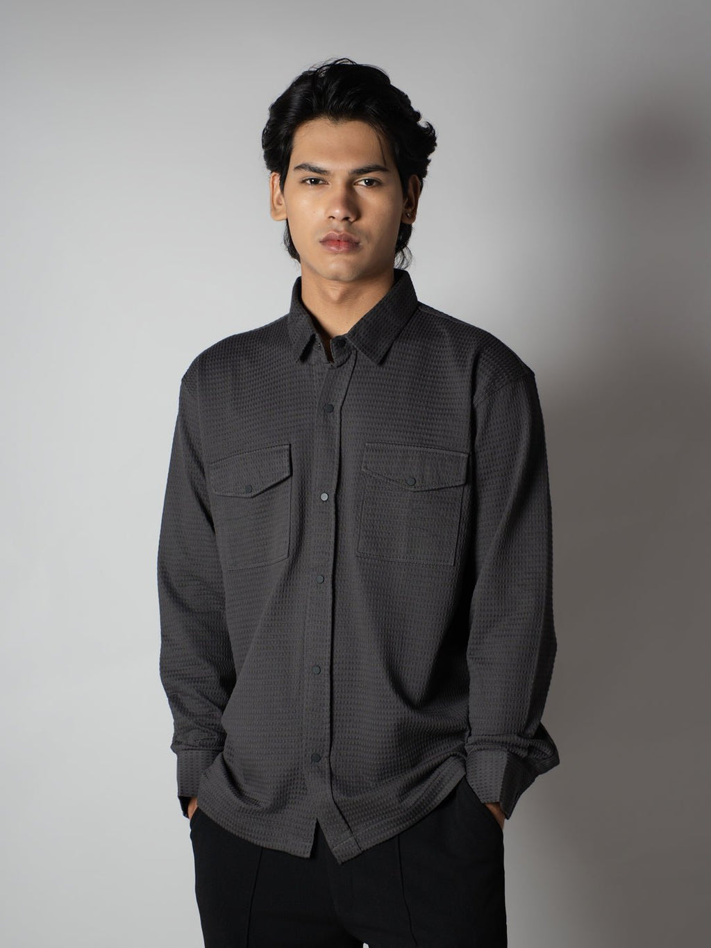 MEN'S GREY WAFFLE LONG SLEEVE BUTTON-DOWN SHIRT - Hophead