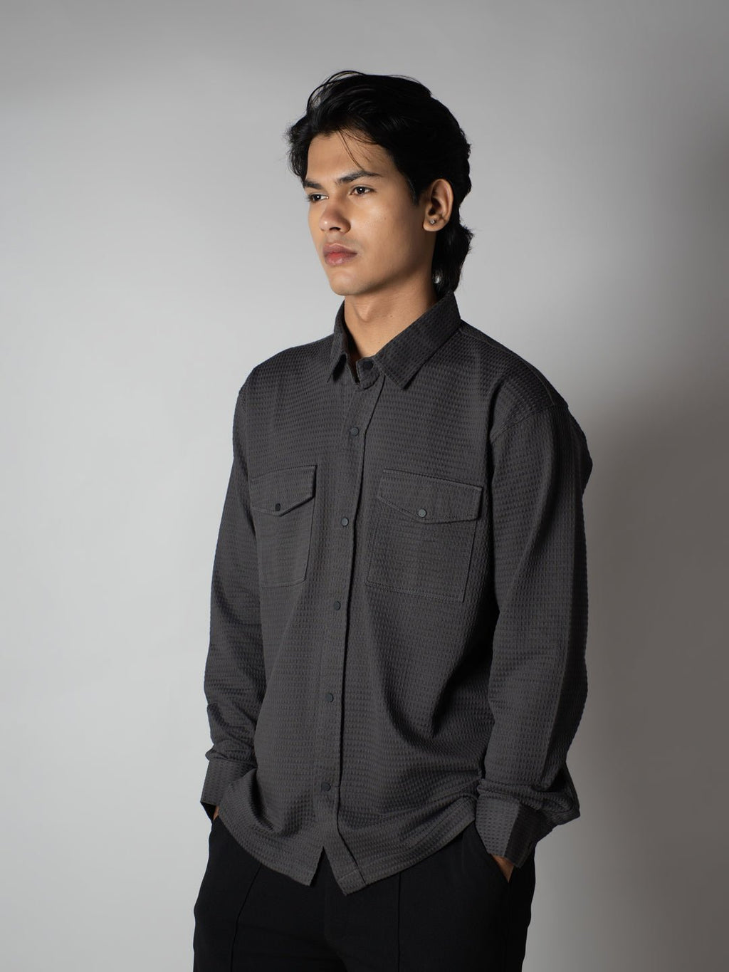 MEN'S GREY WAFFLE LONG SLEEVE BUTTON-DOWN SHIRT - Hophead
