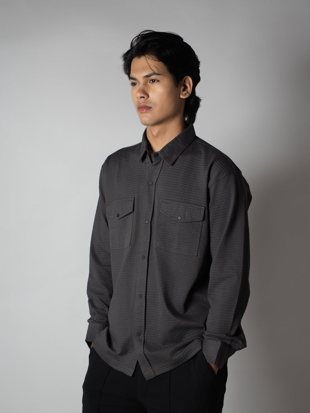 MEN'S GREY WAFFLE LONG SLEEVE BUTTON-DOWN SHIRT - Hophead