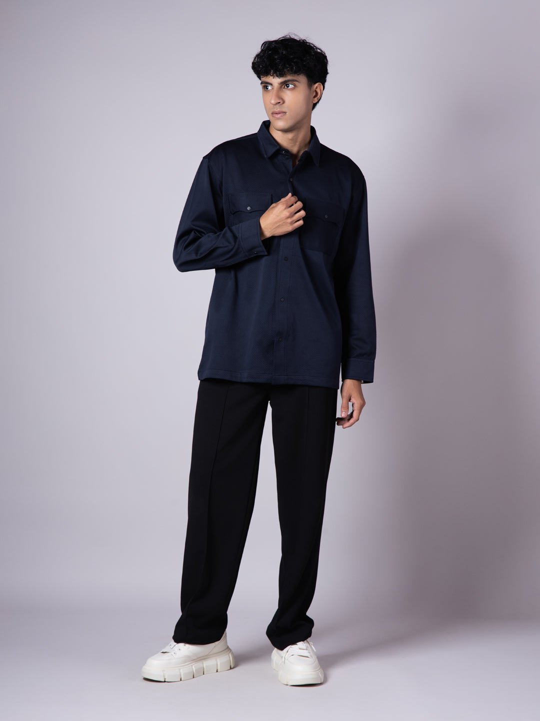 NAVY BLUE DOUBLE POCKET TEXTURED SHACKETS - Hophead