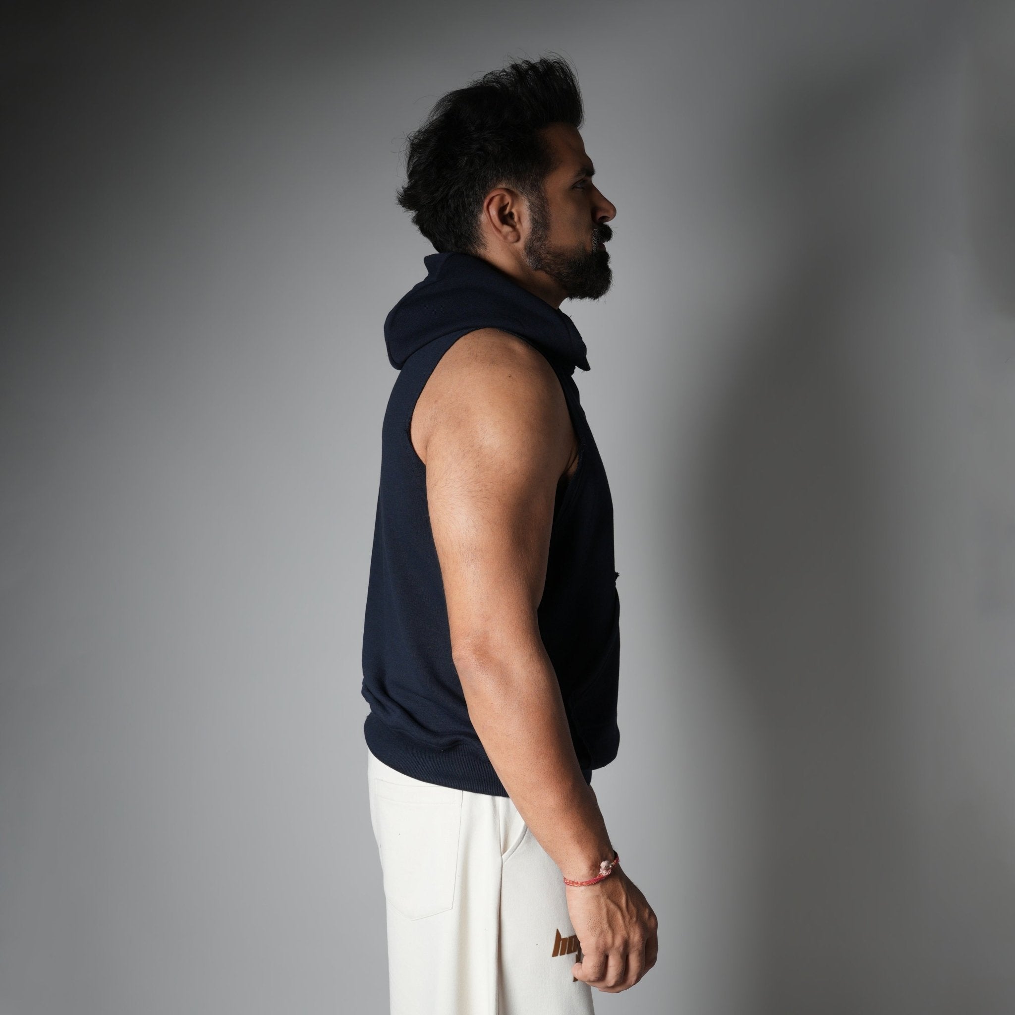 NAVY BLUE RAW EDGE SLEEVELESS HOODIE - Hophead