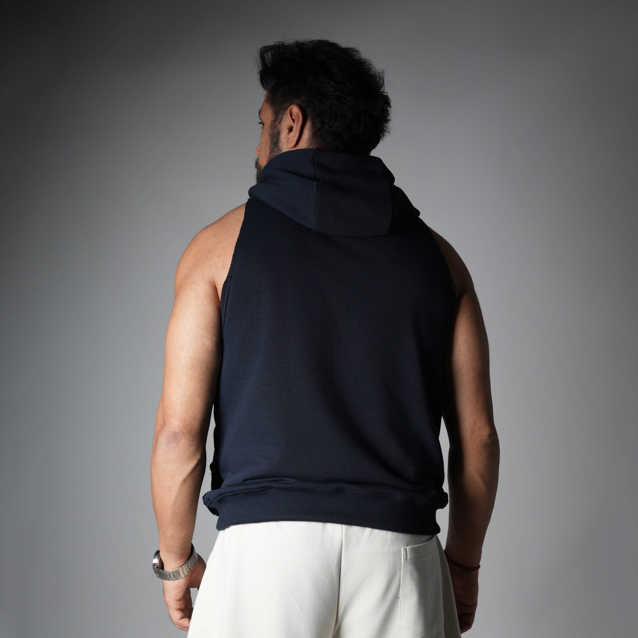 NAVY BLUE RAW EDGE SLEEVELESS HOODIE - Hophead