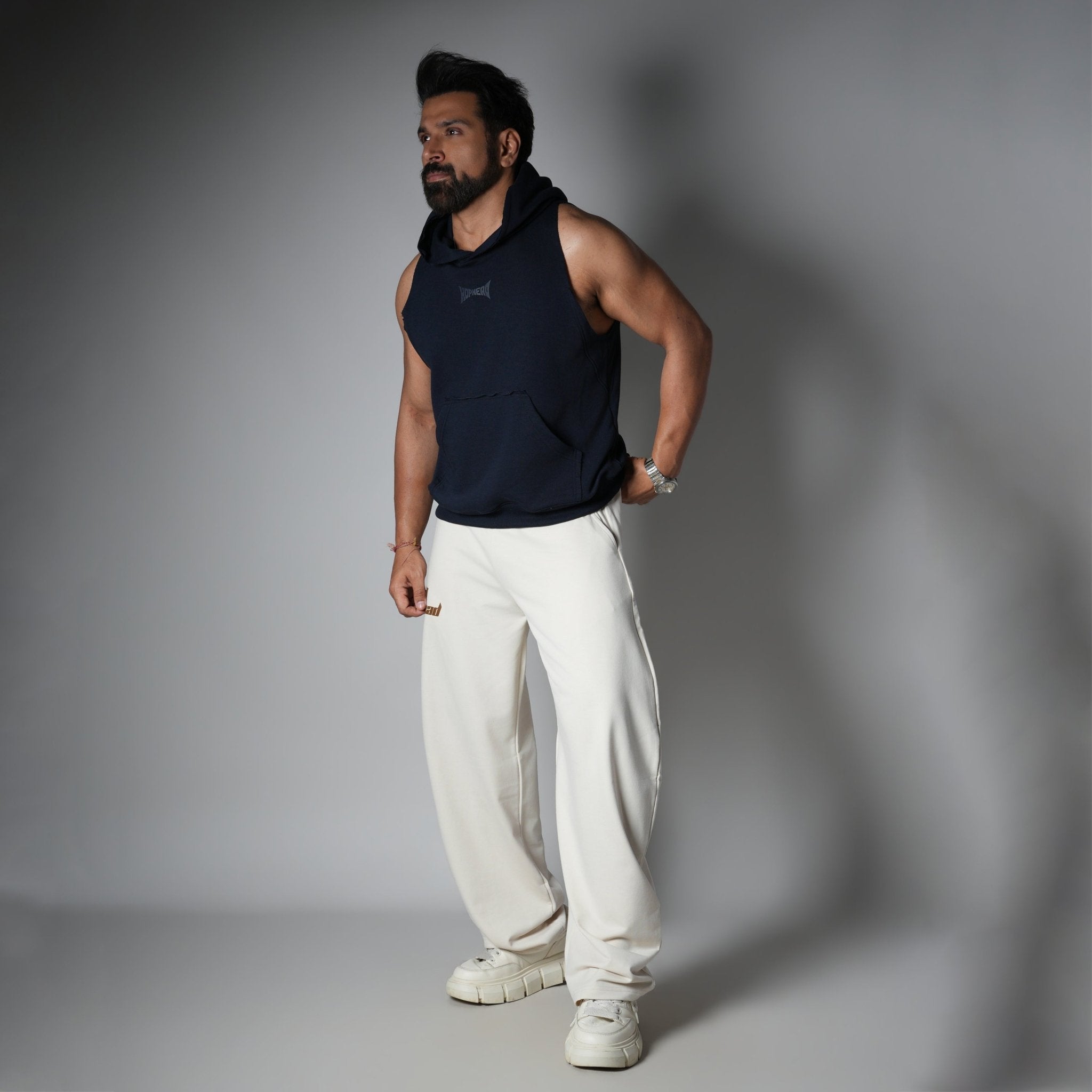 NAVY BLUE RAW EDGE SLEEVELESS HOODIE - Hophead