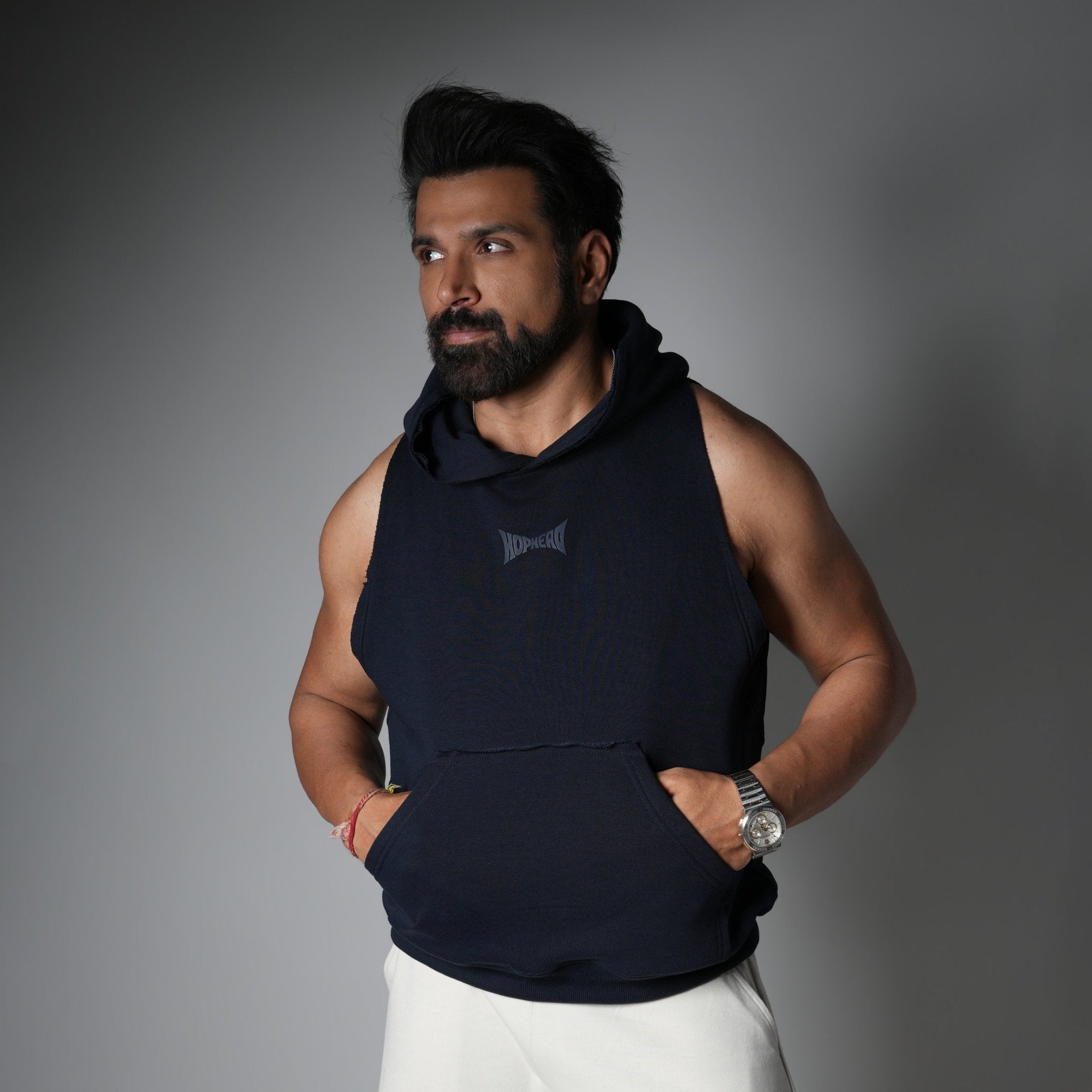 NAVY BLUE RAW EDGE SLEEVELESS HOODIE - Hophead