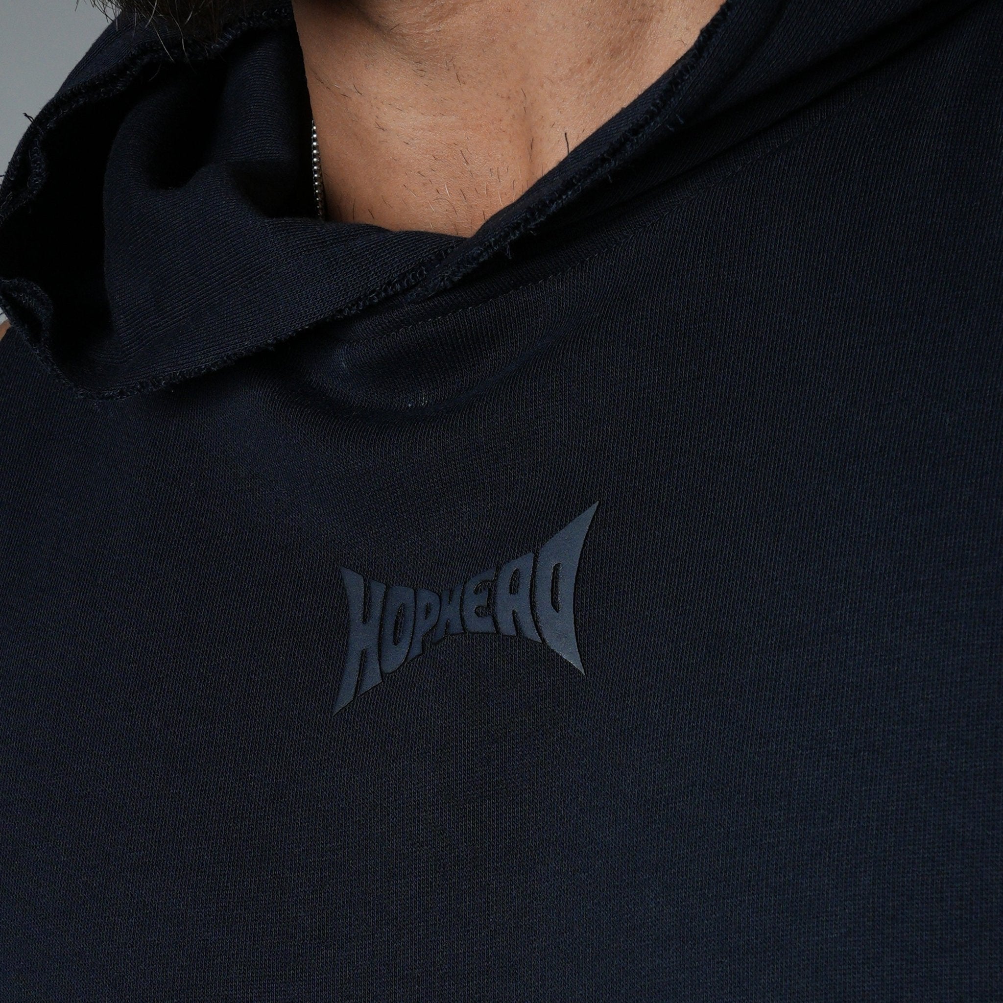 NAVY BLUE RAW EDGE SLEEVELESS HOODIE - Hophead
