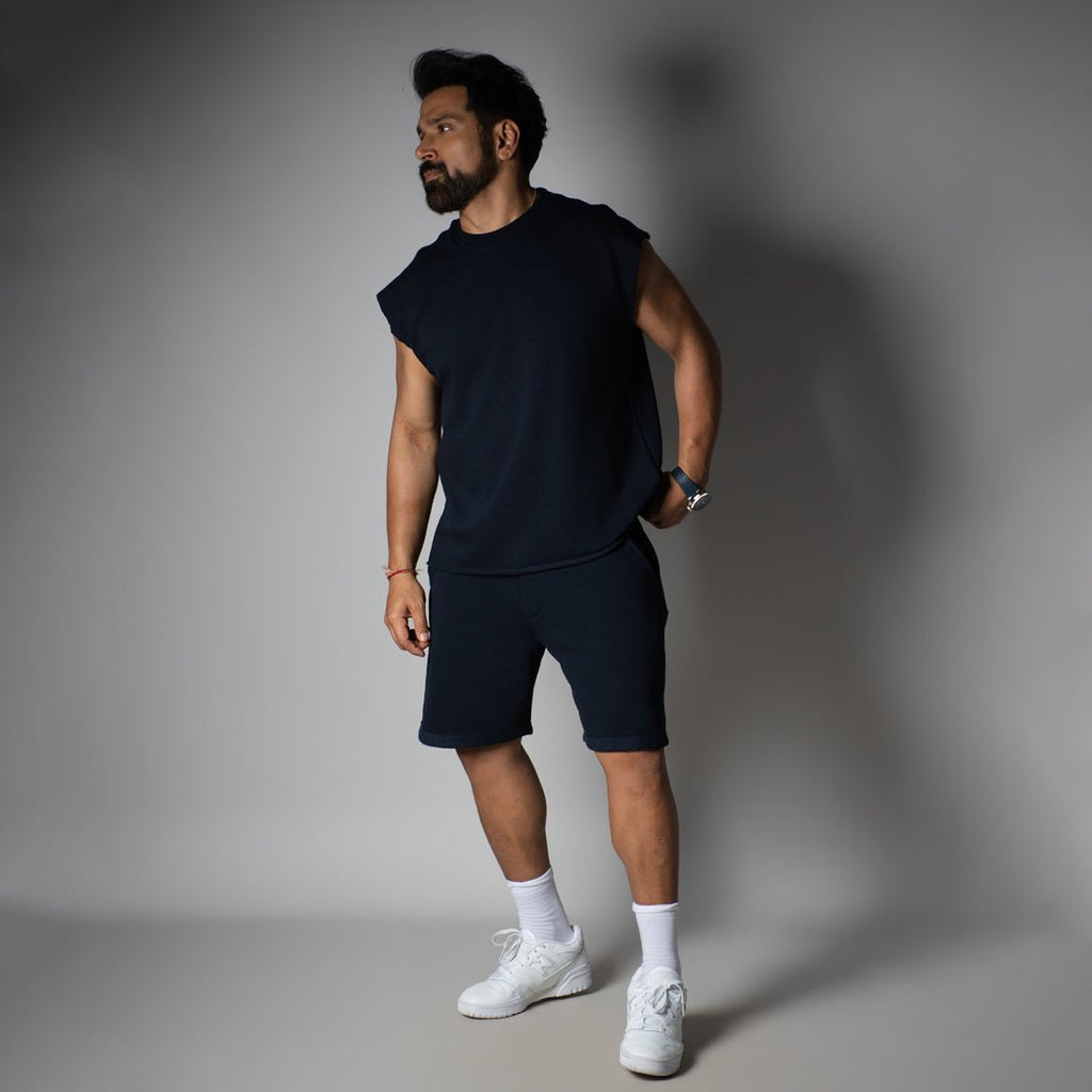 NAVY SLEEVELESS RAW EDGE TSHIRT - Hophead