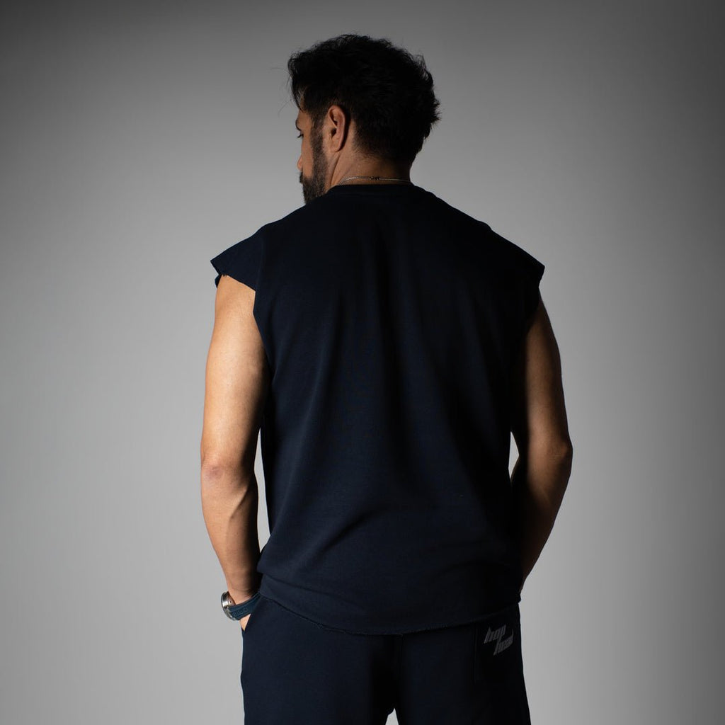 NAVY SLEEVELESS RAW EDGE TSHIRT - Hophead