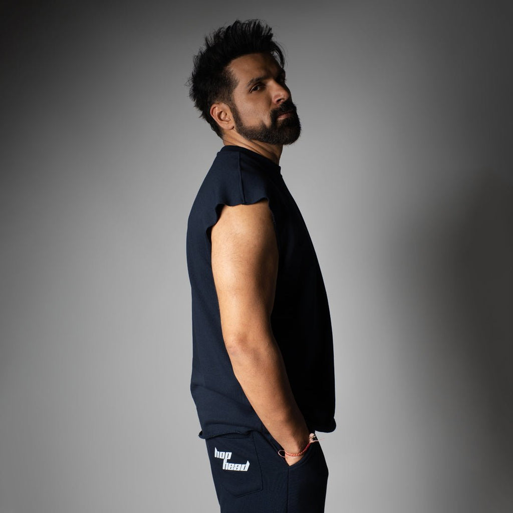 NAVY SLEEVELESS RAW EDGE TSHIRT - Hophead