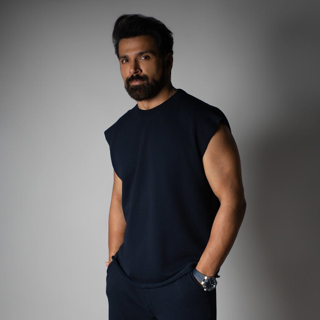 NAVY SLEEVELESS RAW EDGE TSHIRT - Hophead