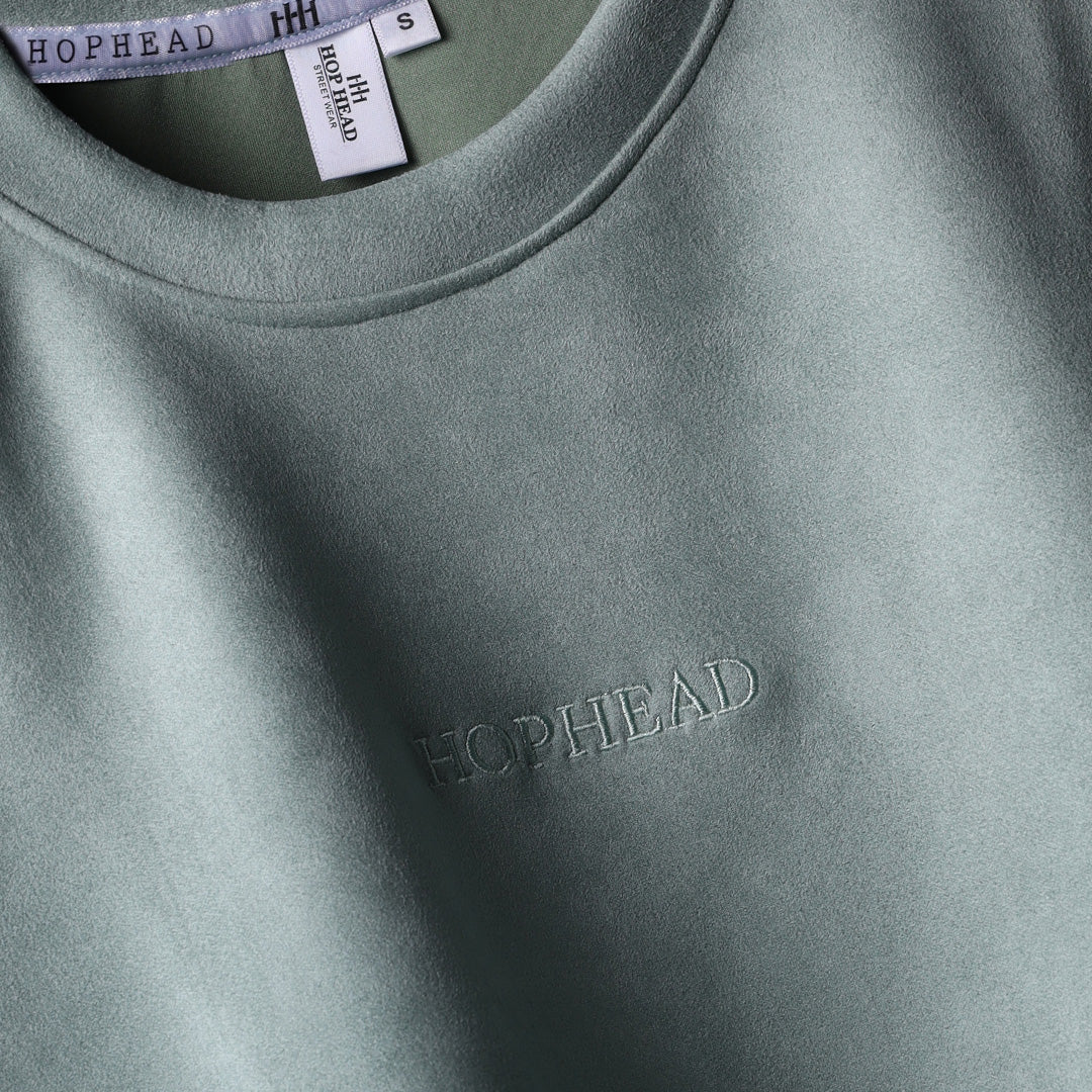 PISTACHIO EMBROIDERED SUEDE T-SHIRT
