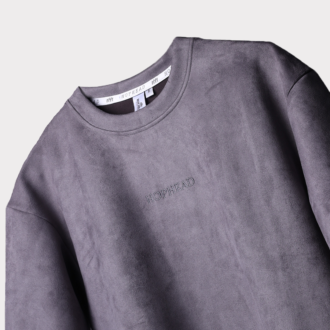 CHARCOAL EMBROIDERED SUEDE T-SHIRT