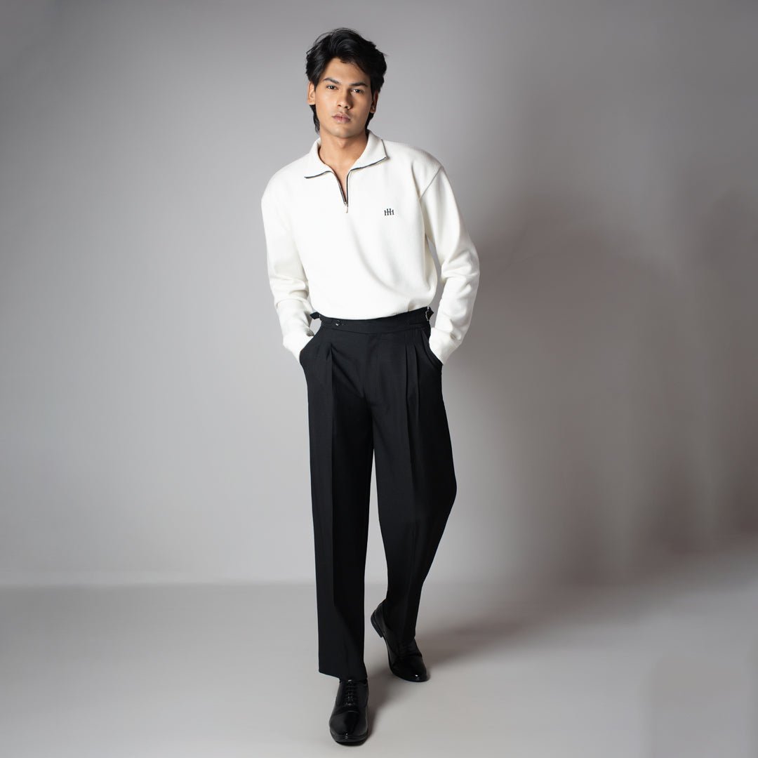 WHITE RIBBED ZIP TURTLE NECK JUMPER - Hophead