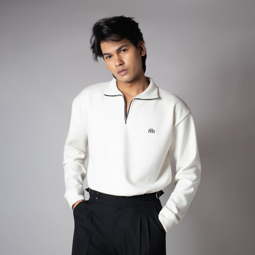 WHITE RIBBED ZIP TURTLE NECK JUMPER - Hophead
