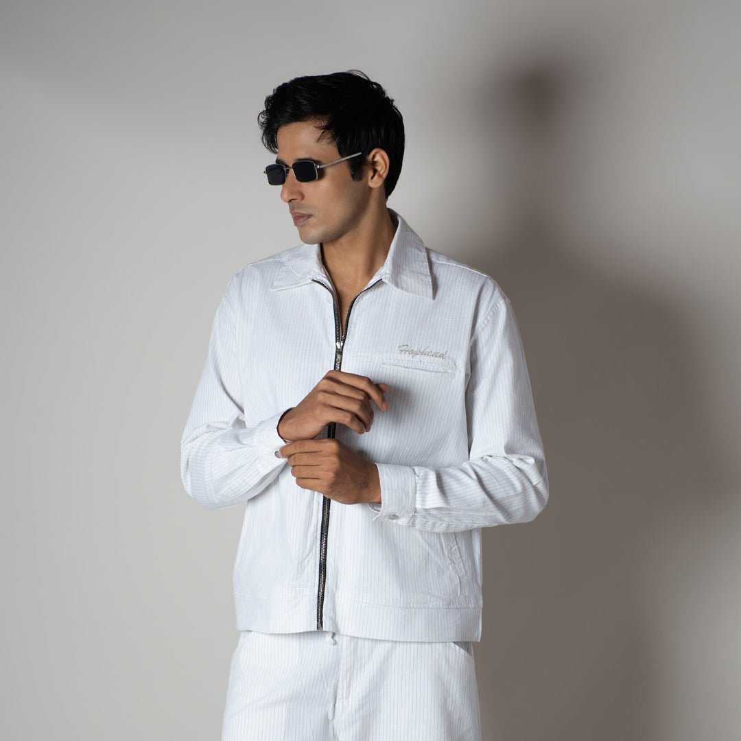 WHITE VERTICAL STRIPED ZIPPER JACKET - Hophead